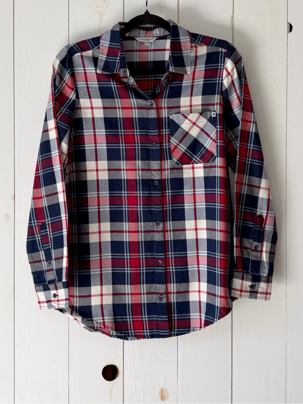 Lucky Brand Navy, Red & Cream Plaid Button-Up Shirt Size Small